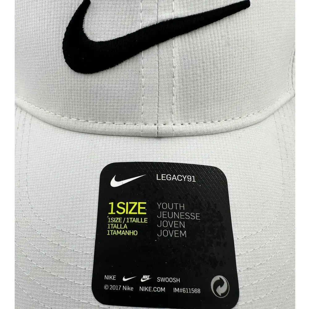 Nike Legacy91 Dri-FIT Youth Hat White Black Swoosh 942207-100 NWT